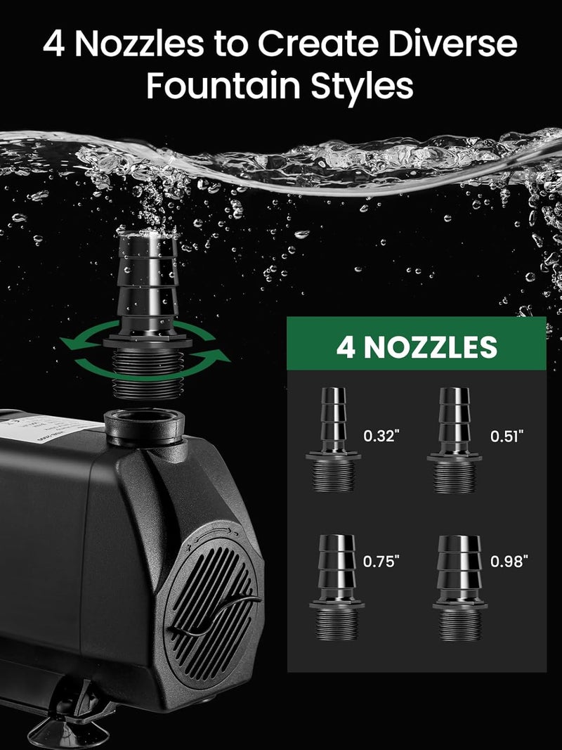 GROWNEER 1100GPH Submersible Pump 90W Fountain Water Pump 4100L/H, with 13ft High Lift, 4 Nozzles for Aquarium, Fish Tank, Pond, Hydroponics, Statuary, Garden, Black(1100GPH) - Image 4